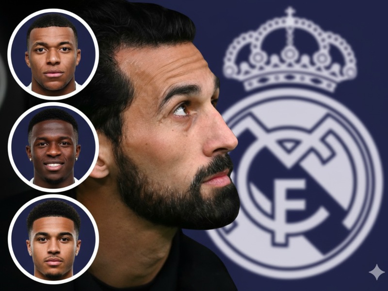 El camerino merengue incluye megaestrellas como Mbappé, Vini Jr. y Jude Bellingham, que deben ser administrados por Arbeloa. / Imagen generada con IA