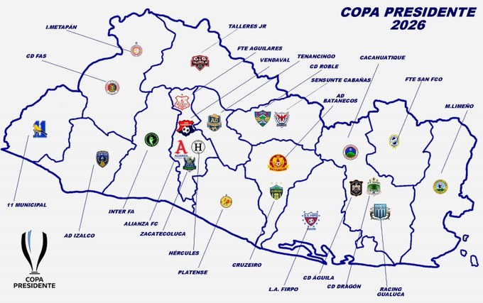 Mapa de ubicación de los 24 equipos que competirán en la Copa Presidente 2026. / Imagen cortesía Guillermo Hernández, de YSKL