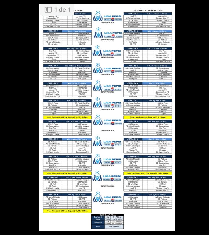 Calendario de la Liga Pepsi Clausura 2026: fechas y partidos. 