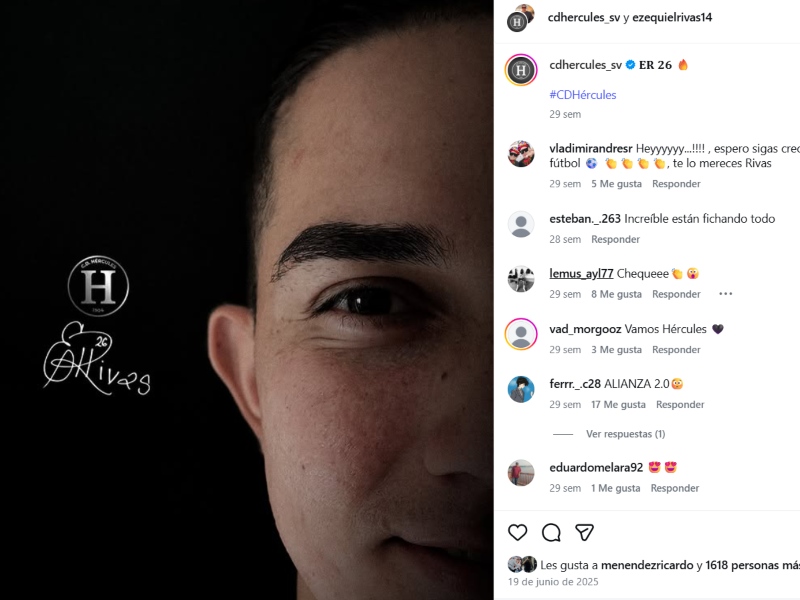 Publicación hecha por Hércules en su cuenta de Instagram, que fue difundida también por Ezequiel Rivas, cuando el club lo anunció como refuerzo. / Imagen Instagram de E. Rivas