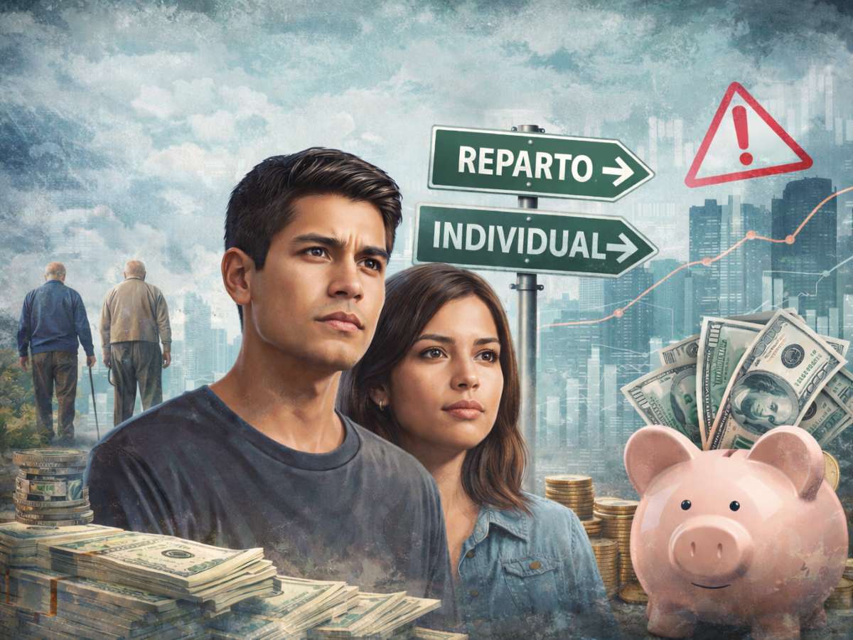 Jóvenes trabajadores observan con preocupación el futuro de sus pensiones en un sistema que debate entre cuentas individuales y reparto solidario.