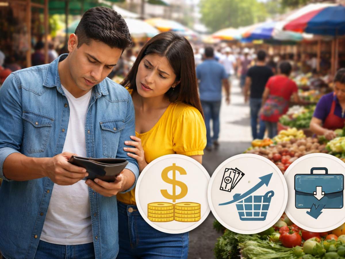 Una pareja revisa su billetera en un mercado local, reflejando la presión económica que sienten muchas familias salvadoreñas ante el alza del costo de vida.