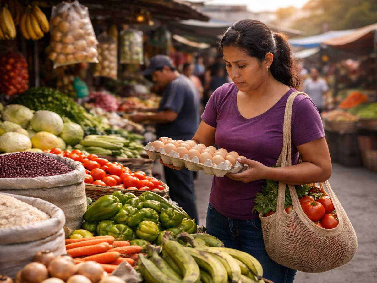 Una mujer revisa el precio de los huevos en un mercado local, mientras el costo de la canasta básica continúa al alza en El Salvador.
