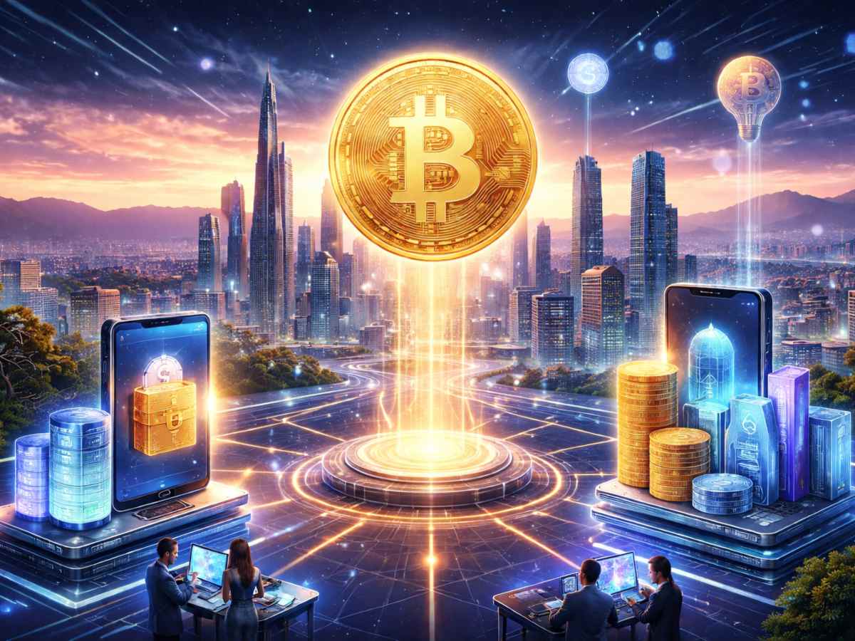 Innovación financiera: Una representación futurista del uso de activos digitales en ciudades inteligentes, donde blockchain y criptomonedas impulsan nuevas formas de inversión.