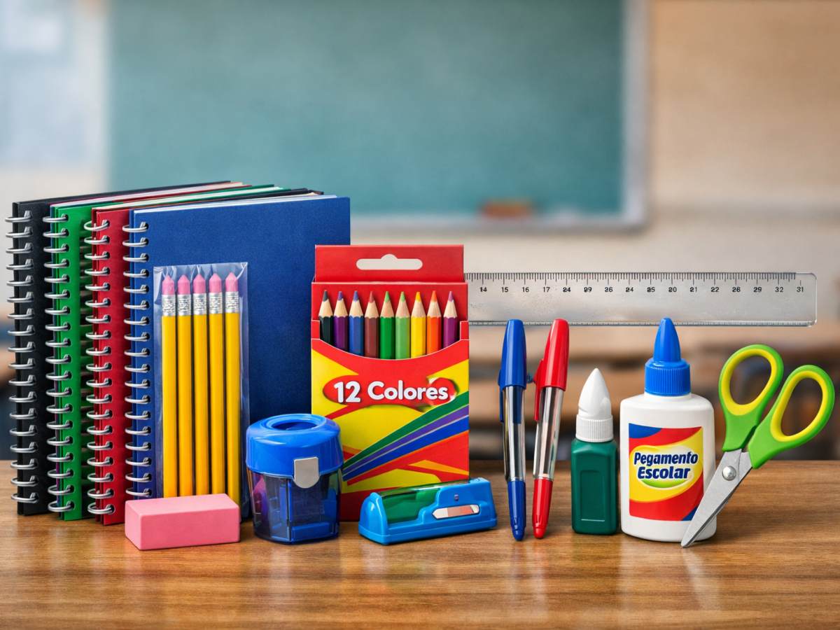 Útiles escolares básicos que pueden adquirirse con un presupuesto de 20 dólares en librerías de San Salvador.