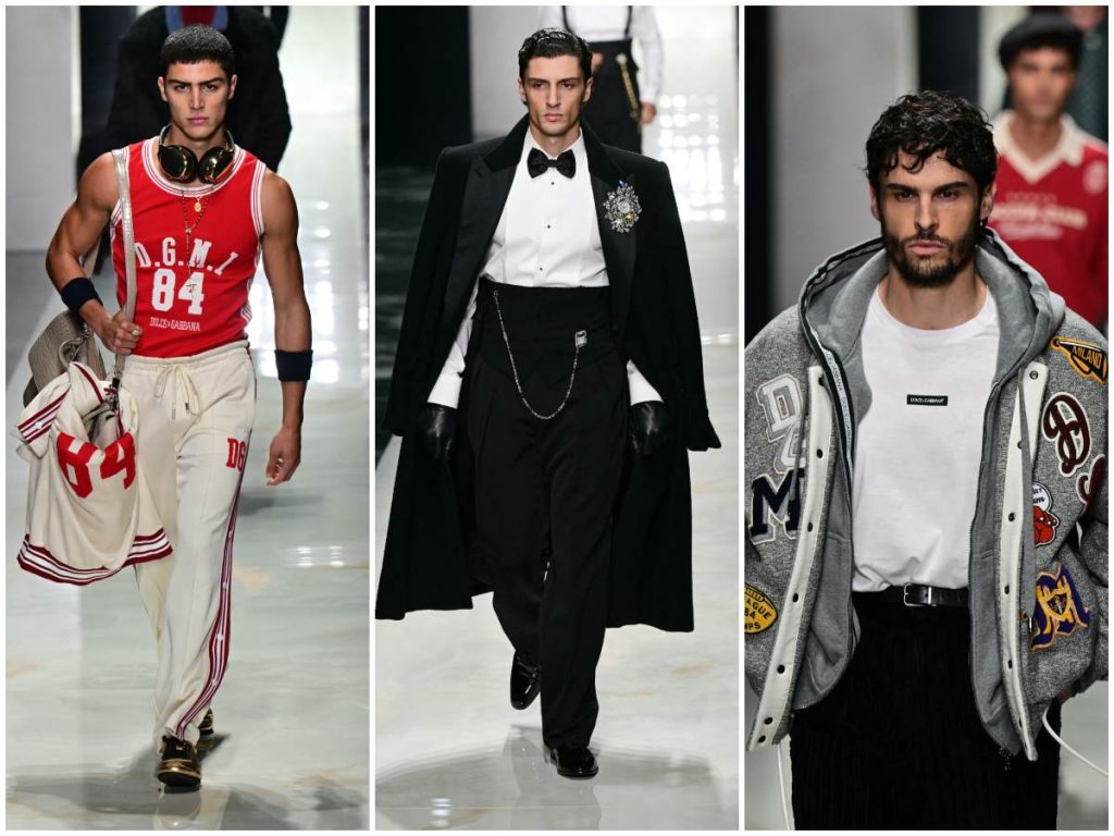 Collage de looks de Dolce & Gabbana para la colección masculina Otoño-Invierno 2026-2027, donde conviven sastrería clásica, sporty chic y códigos urbanos.