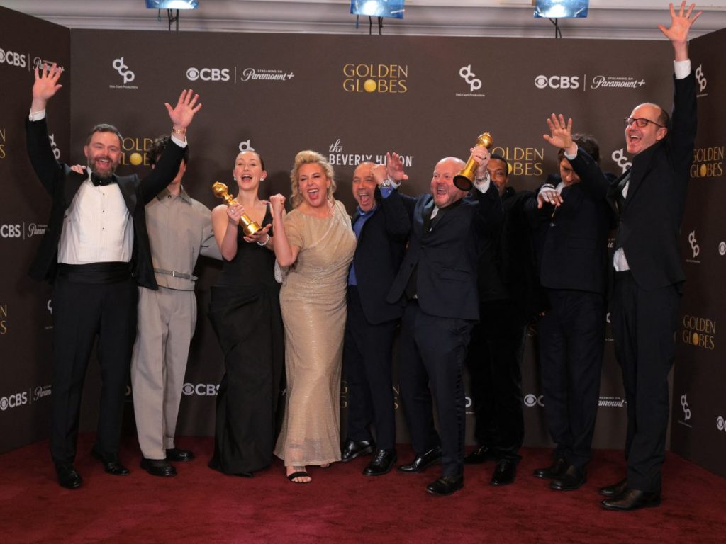 Philip Barantini, Owen Cooper, Erin Doherty, Hannah Walters, Stephen Graham, Mark Herbert, Ashley Walters, Jeremy Kleiner and Jack Thorne, winners of the Best Television Limited Series, Anthology Series, or Motion Picture Made for Television Award for "Adolescence," pose the press room during the 83rd annual Golden Globe Awards at the Beverly Hilton hotel in Beverly Hills, California, on January 11, 2026.