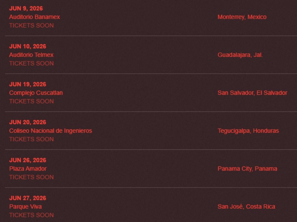 Estas son Fechas clave de la gira “¿Dónde es el after?” de Rawayana: inicia el 18 de abril en Bogotá, incluye parada en San Salvador el 19 de junio y cierra en España en septiembre de 2026. Imagen/ captura web