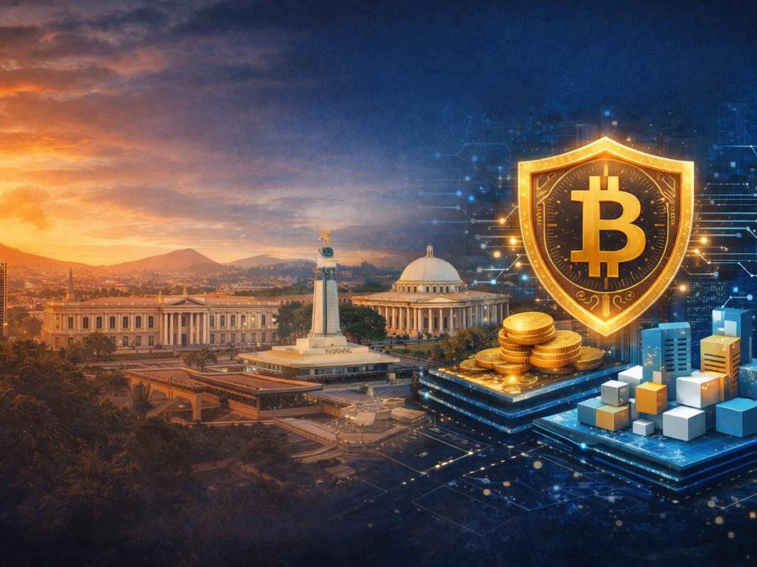 Simulación gráfica del ecosistema financiero digital en El Salvador, con íconos de blockchain y activos digitales integrados en su infraestructura institucional.