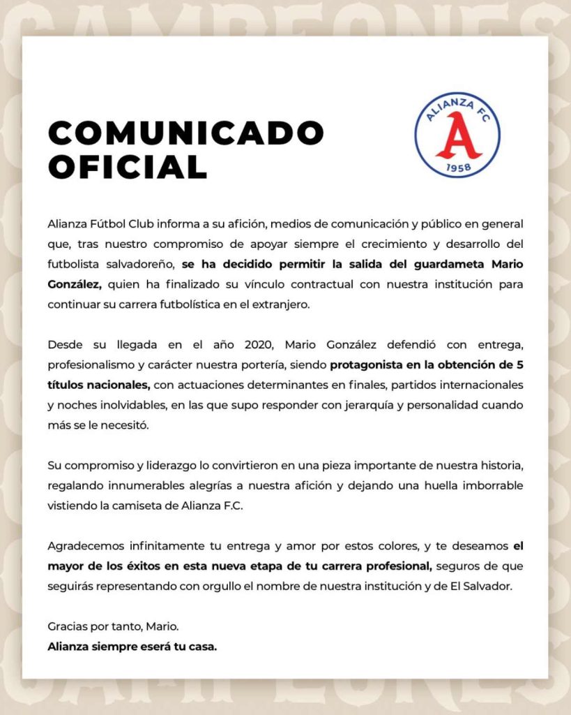 González, de 28 años, inició su carrera profesional en Luis Ángel Firpo y tuvo un paso por Santa Tecla FC, antes de consolidarse con Alianza.