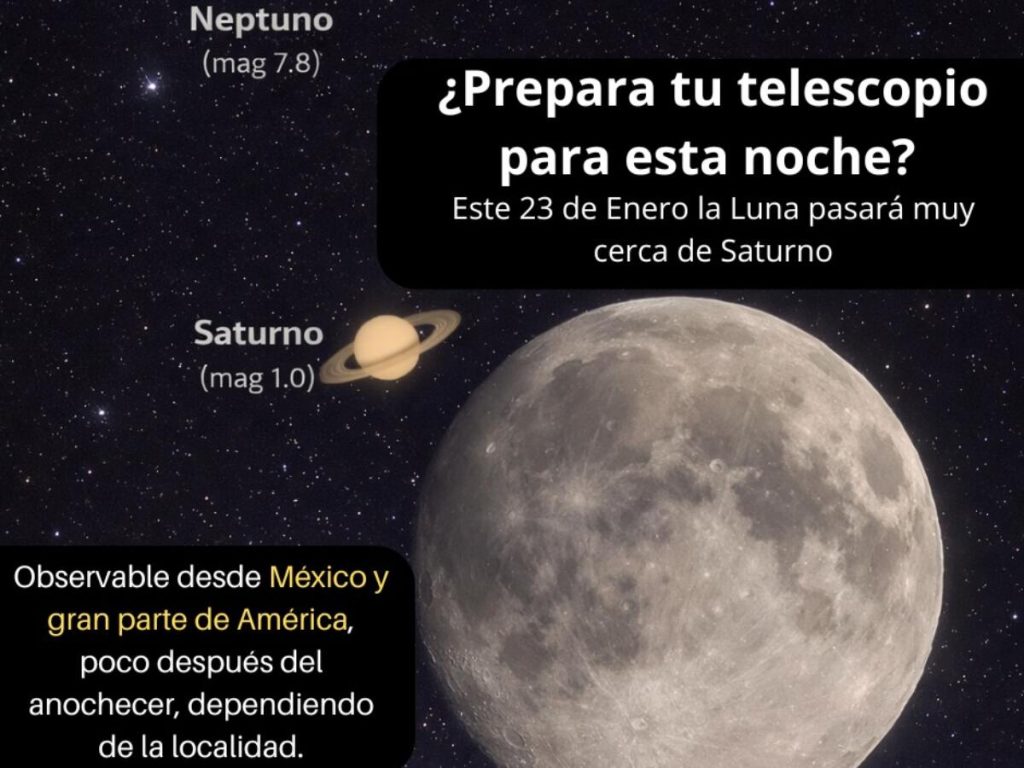 La Luna se aproxima visualmente a Saturno y Neptuno la noche del 23 de enero, un evento observable tras el anochecer desde gran parte de América, incluido El Salvador.