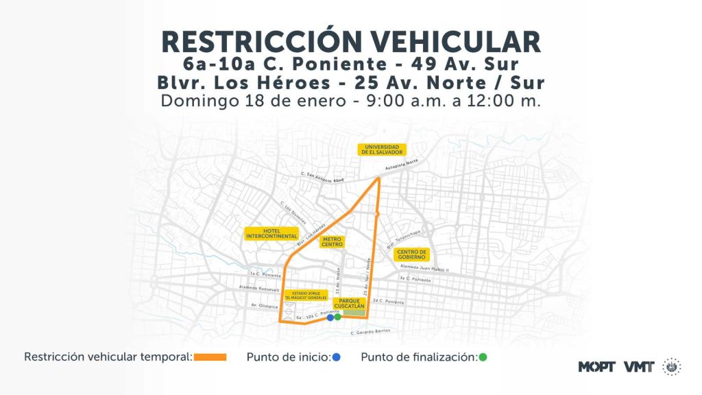 Domingo 18 de enero: restricciones en Flor Blanca y bulevar Los Héroes