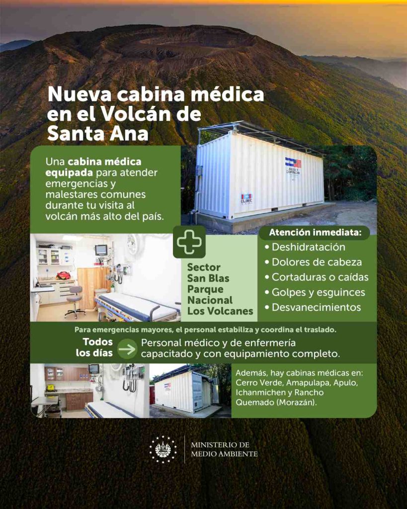 El Parque Nacional Los Volcanes, en el occidente de El Salvador, cuenta desde esta semana con dos cabinas médicas en el sector San Blas, habilitadas para brindar atención en casos de emergencias durante las caminatas al volcán de Santa Ana.