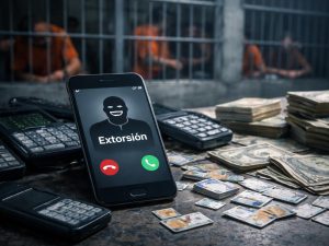 Teléfonos móviles y dinero incautado ilustran el uso de llamadas y amenazas psicológicas como método de estafa operado desde centros penitenciarios.