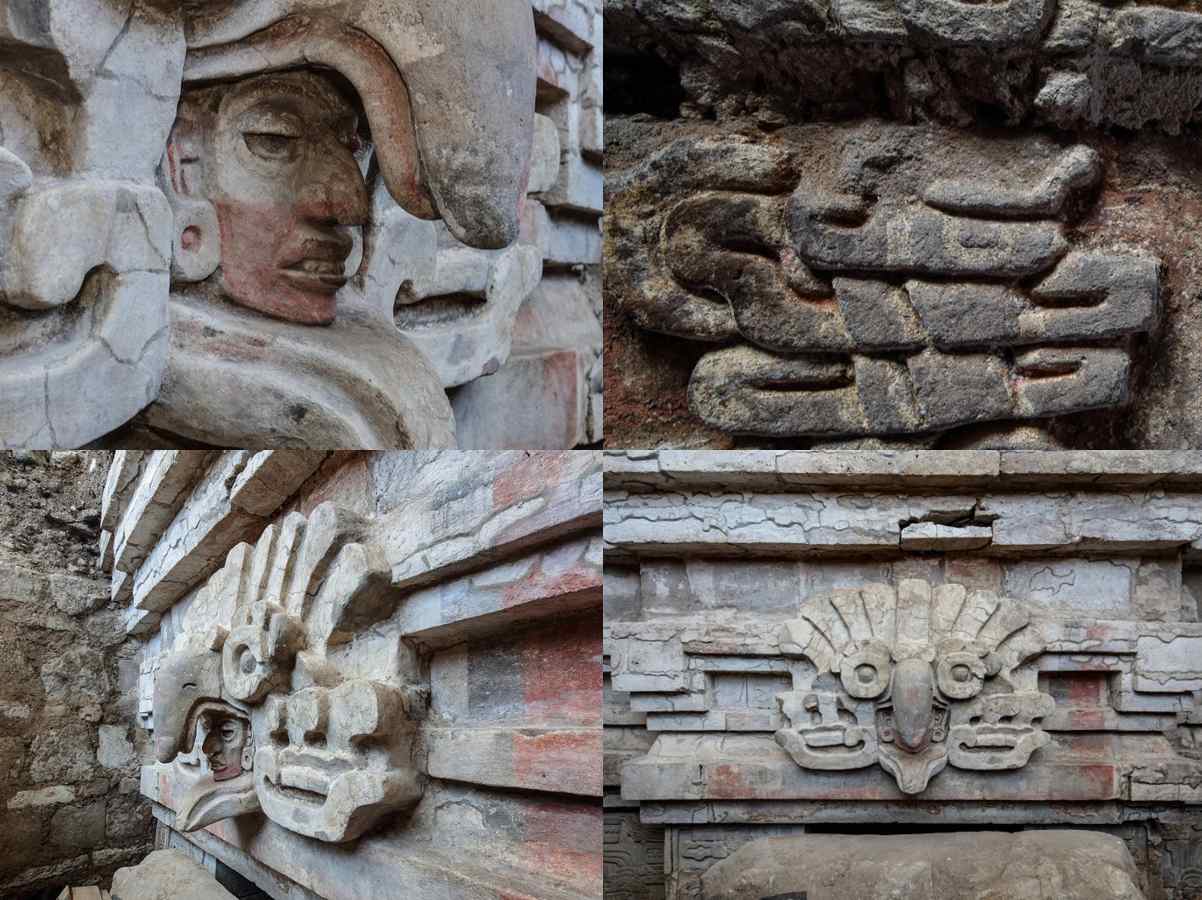 Detalle de la pintura mural y esculturas halladas en la tumba zapoteca, cuyos elementos revelan la cosmovisión y los rituales funerarios de esta civilización prehispánica.