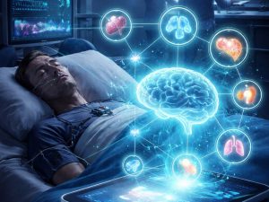 Ilustración conceptual del uso de inteligencia artificial para analizar datos fisiológicos del sueño y anticipar riesgos de enfermedades.