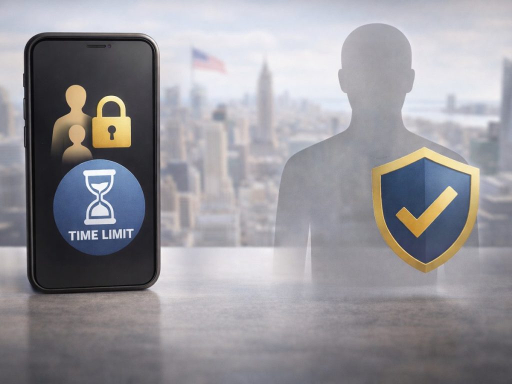 Ilustración que representa las leyes de protección social en Estados Unidos, enfocadas en el control del uso de la tecnología, la protección de menores y la seguridad digital de las personas.