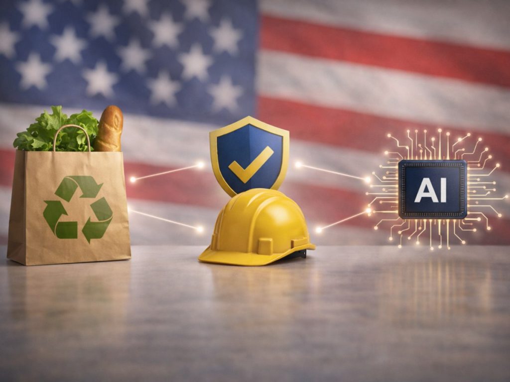 Ilustración que simboliza las regulaciones en Estados Unidos sobre medio ambiente, seguridad laboral y desarrollo tecnológico