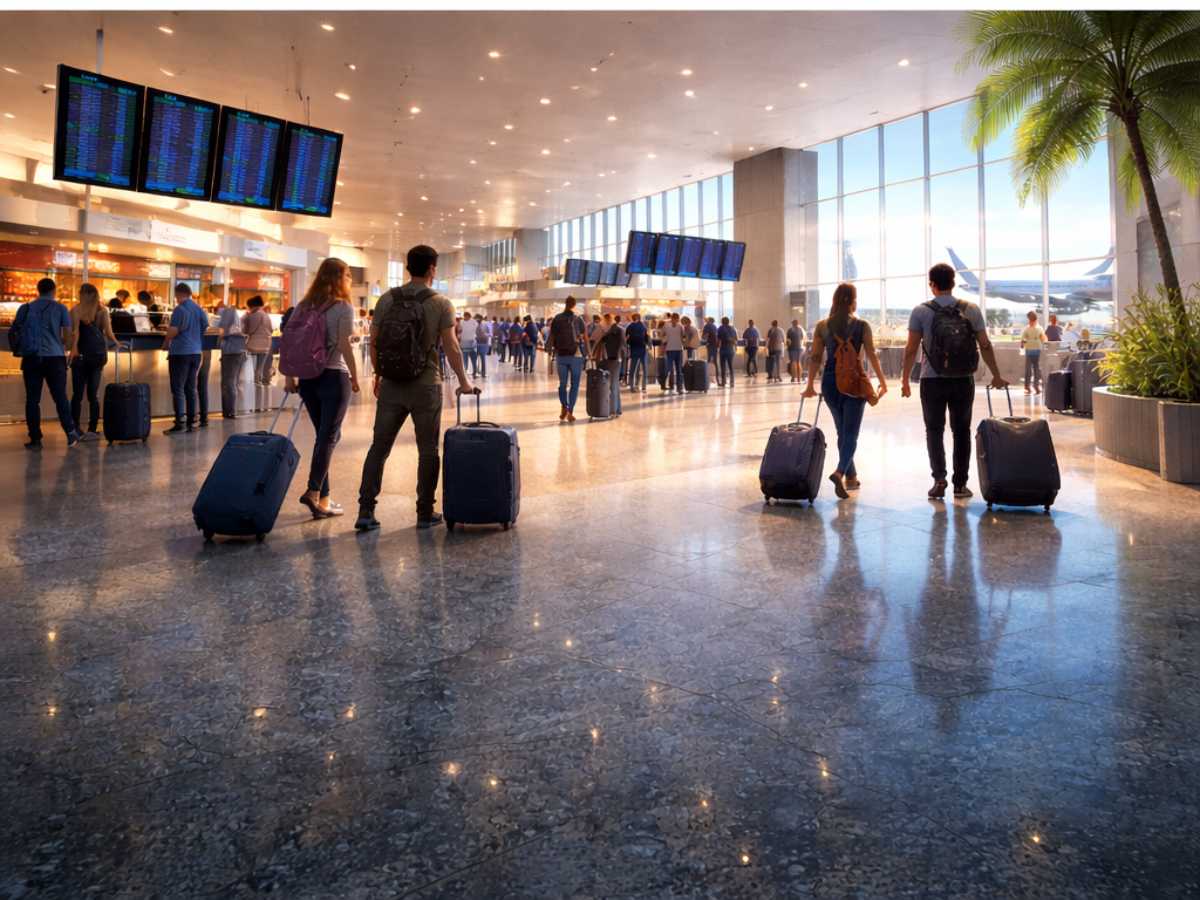 Pasajeros se movilizan en el interior del aeropuerto durante la temporada alta, reflejando el dinamismo del turismo y la logística en 2025.