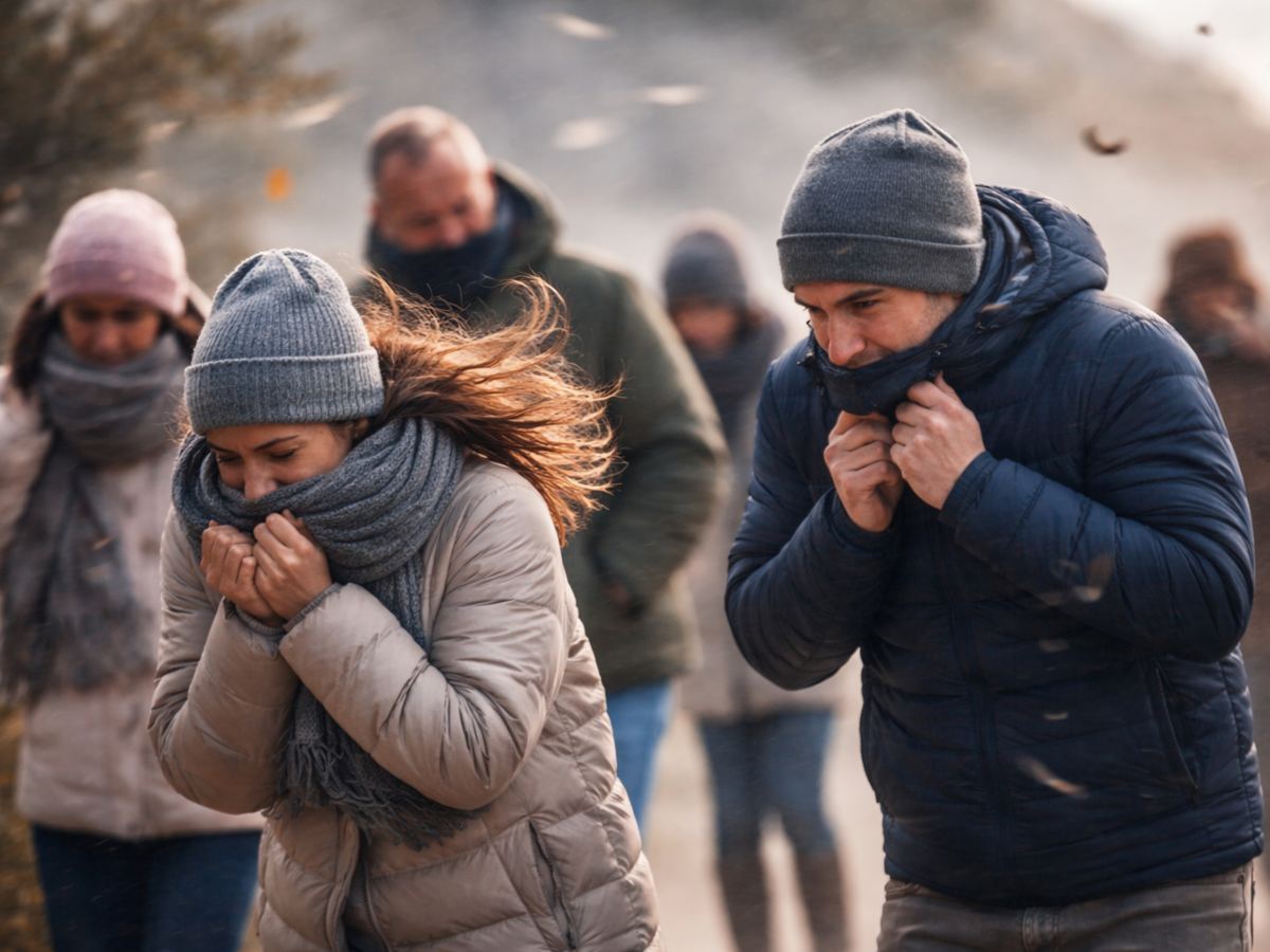 Personas abrigadas caminan mientras enfrentan ráfagas de viento frío provocadas por el ingreso de vientos nortes en el país.