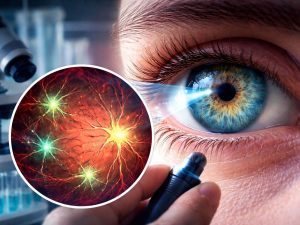 Primer plano del ojo humano y representación de la retina, una estructura del sistema nervioso central que podría ofrecer pistas tempranas sobre procesos neurodegenerativos.