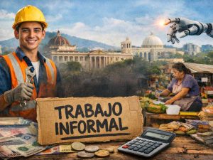 Un trabajador formal y una vendedora informal ilustran la dualidad del empleo en El Salvador: alta ocupación, pero con grandes retos en la calidad laboral.