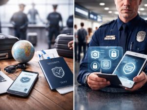 Un agente migratorio revisa documentación digital de un viajero, en medio de mayores controles de ingreso para visitantes extranjeros.