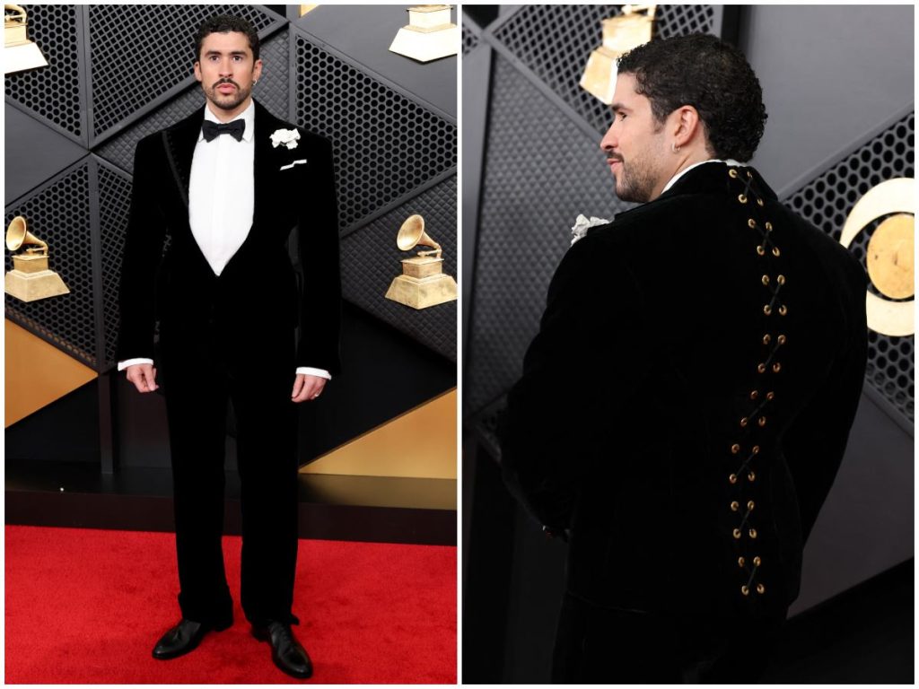 Bad Bunny reinterpreta el esmoquin clásico con una espalda intervenida de cordones, un gesto sutil pero disruptivo que eleva la sastrería a terreno personal y moderno.