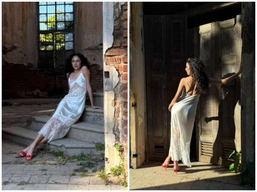 Seda, encaje y crochet se funden en una silueta delicada que celebra la transformación femenina desde la artesanía contemporánea.