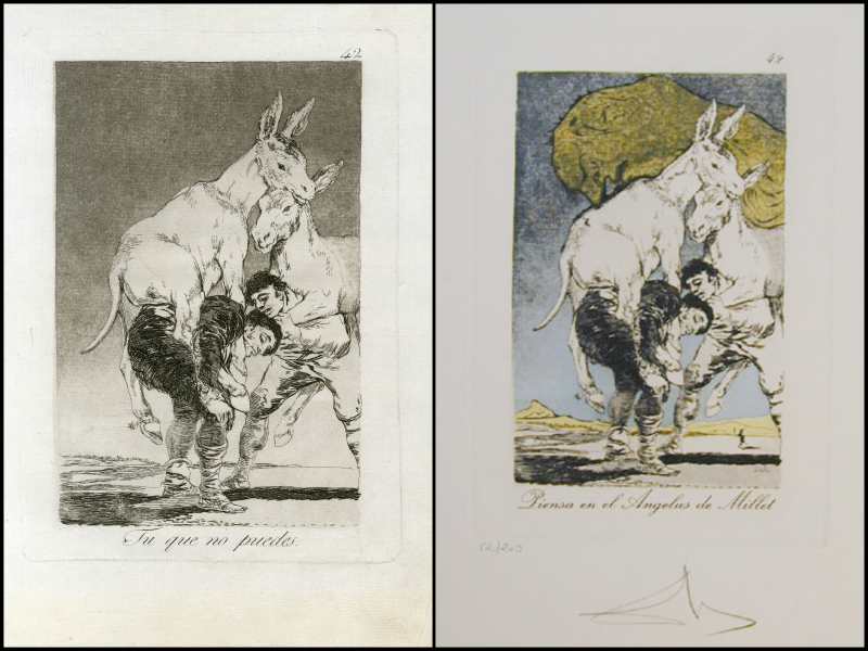 «Capricho» número 42, el de Goya (i) y la reinterpretación de Dalí (d). Foto / elsalvador.com 