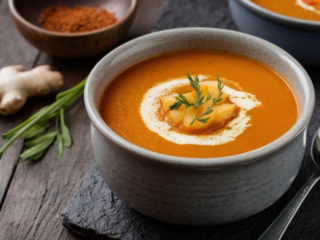 Crema de zanahoria y jengibre. Ligera, aromática y nutritiva, esta crema combina el dulzor de la zanahoria con el toque cálido del jengibre.