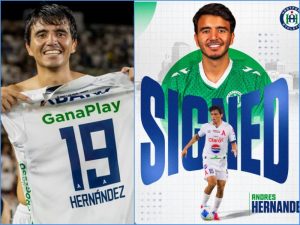 A la Izq., Andrés Hernández festeja un gol con los albos. A la derecha, el anuncio oficial del jugador con el Hartford Athletic de la USL de EE. UU. / Fotos cortesía