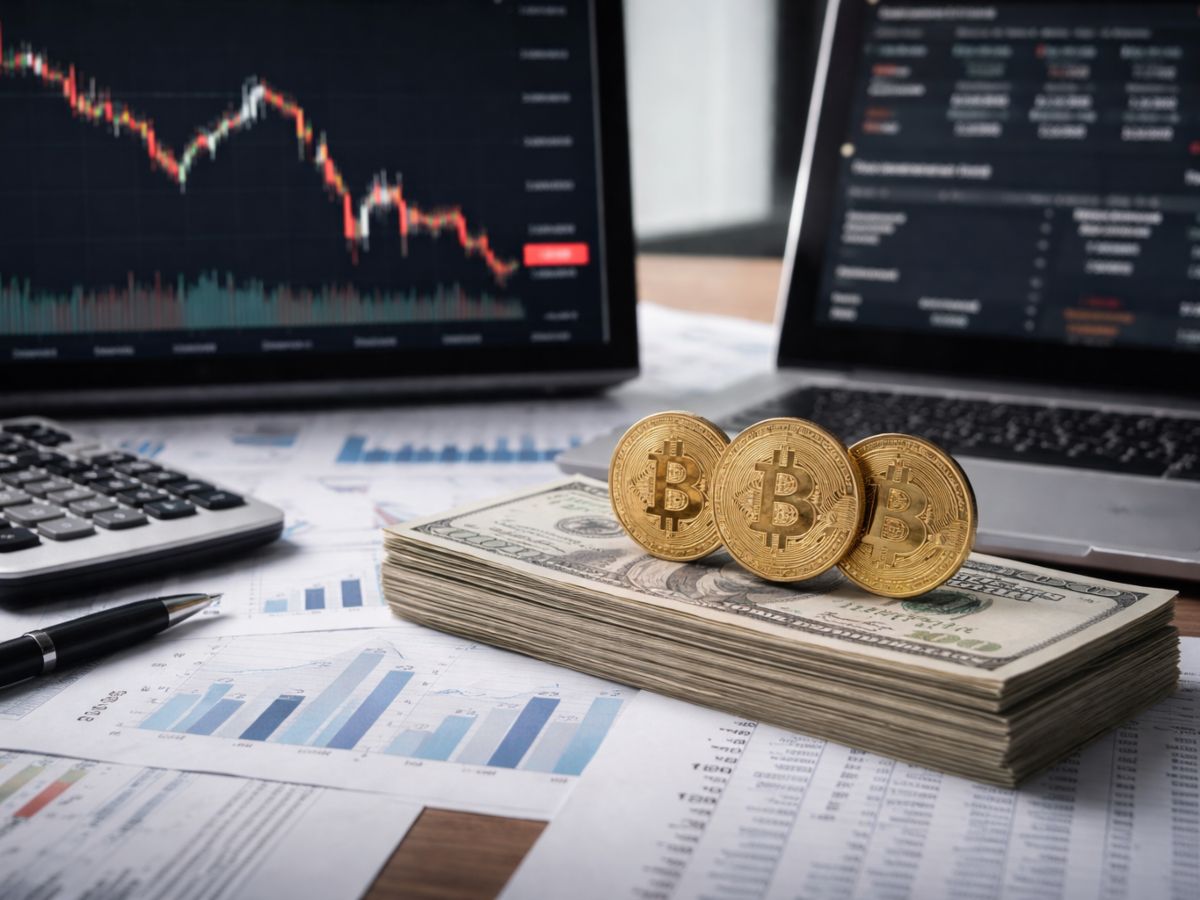 Monedas de bitcoin sobre dólares y reportes financieros reflejan la volatilidad cripto y su impacto en la deuda soberana de El Salvador.