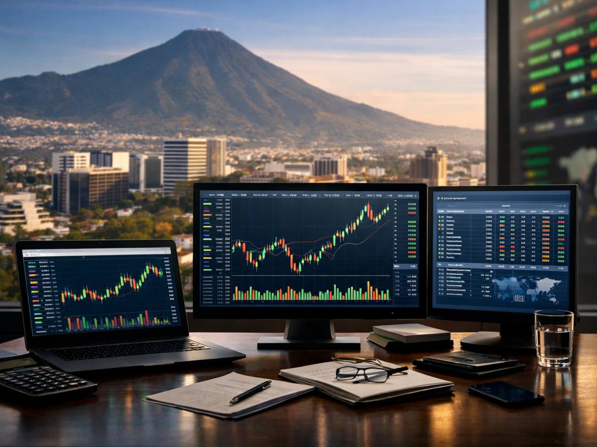 Vista de una mesa de operaciones con gráficos bursátiles y el volcán de San Salvador al fondo, reflejando el dinamismo del mercado de valores salvadoreño.