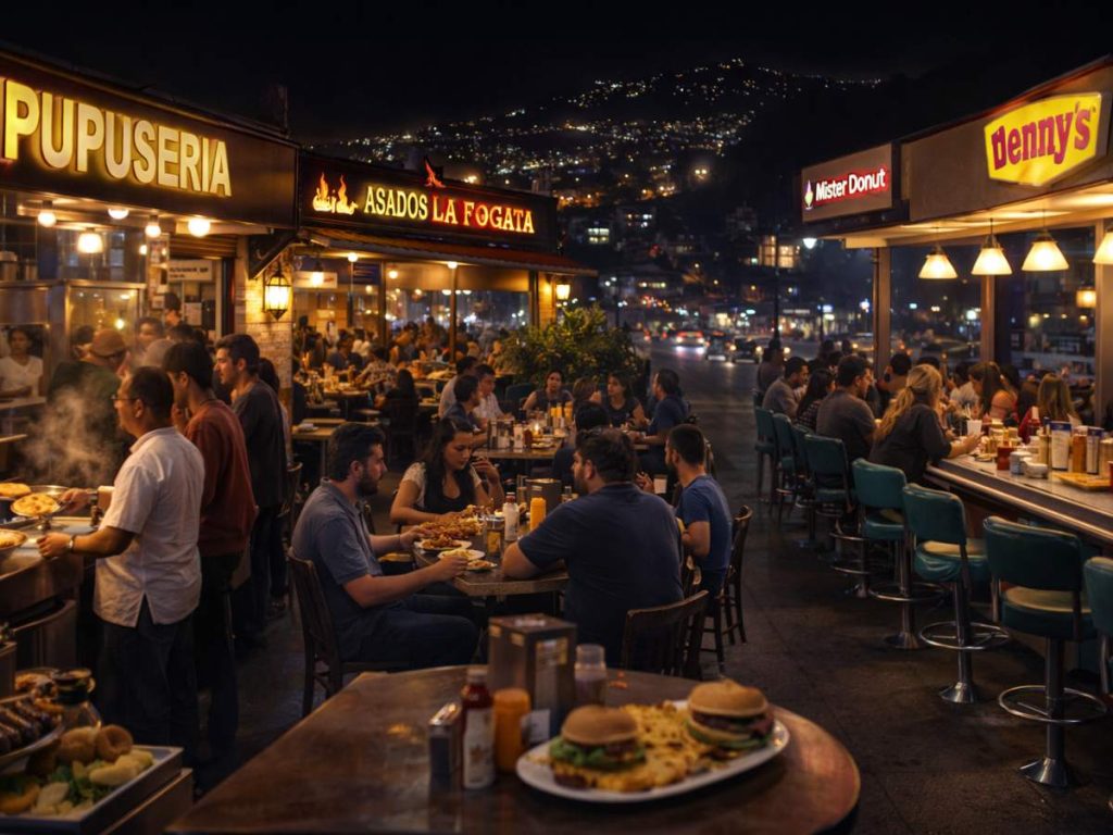Conciertos de alto nivel activan la escena nocturna: restaurantes, pupuserías y diners reciben al público cuando termina el show.