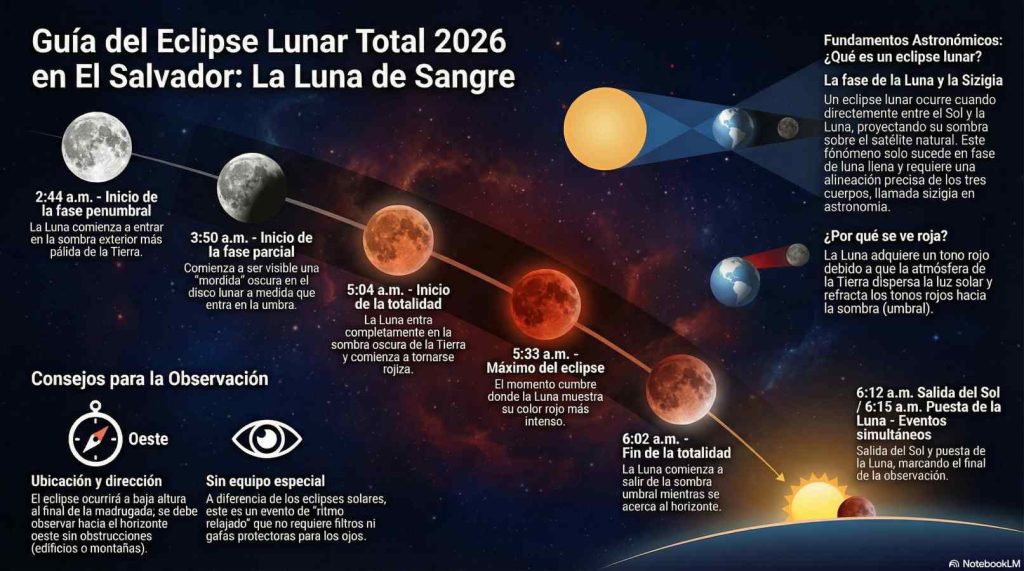El eclipse lunar total del 3 de marzo de 2026 será visible en El Salvador durante la madrugada, con casi una hora de totalidad antes del amanecer.