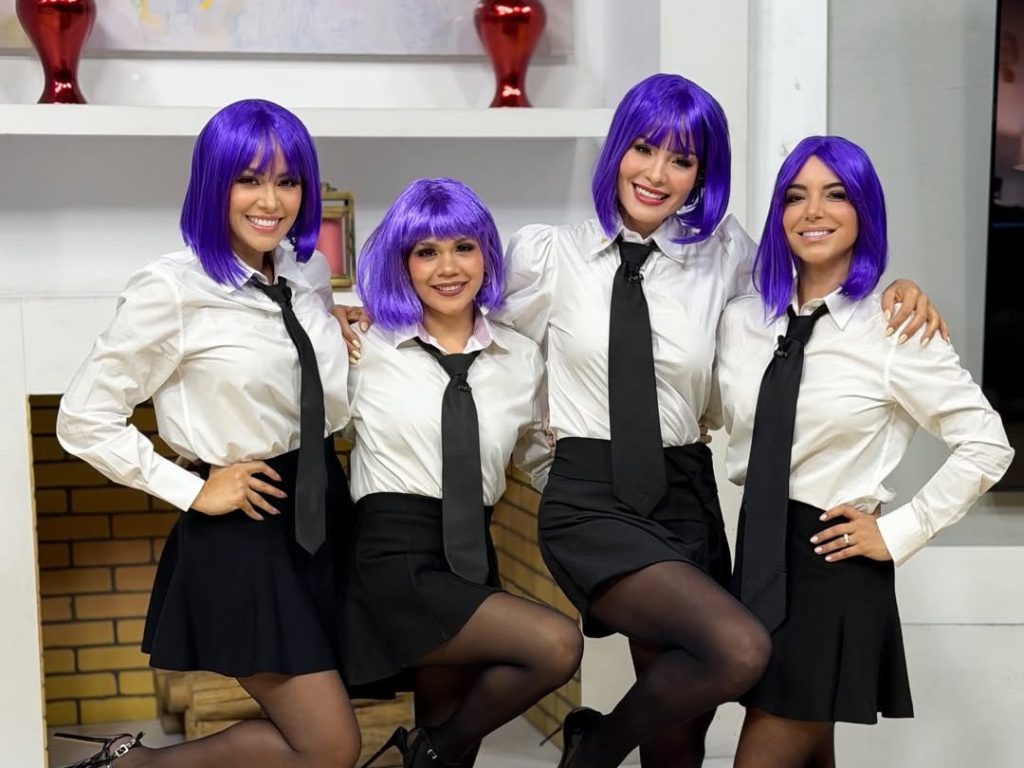 Luciana Sandoval, Gina Salazar, Ana Pao Sifuentes y la chef Marjorie llegaron al set con pelucas moradas y vestuario alusivo a “Las de la Intuición”.