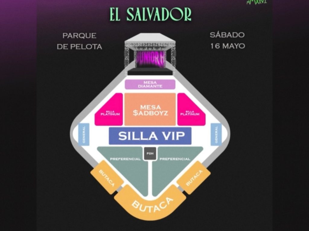El mapa de localidades para el concierto de Junior H en el Parque de Pelota detalla precios y zonas disponibles para el 16 de mayo en San Salvador. Imagen/ Cosmo Latam