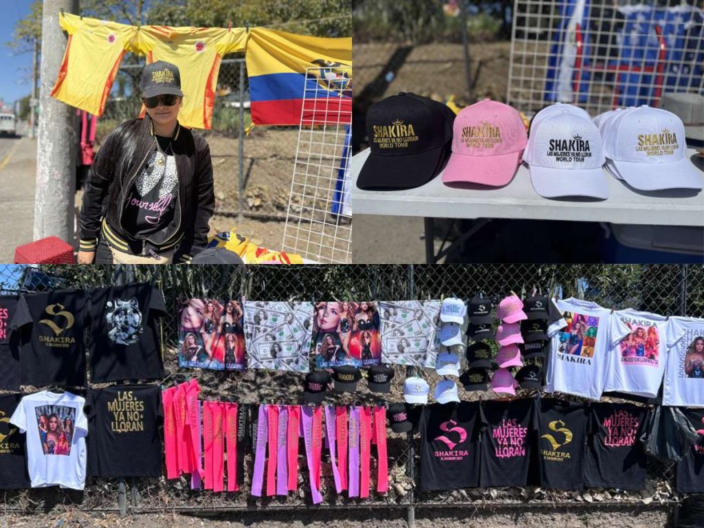 Camisetas de Shakira, gorras y banderas se ofrecen afuera del estadio desde tempranas horas, con precios accesibles para los fans que aún no tienen outfit. Fotografía/ elsalvador.com