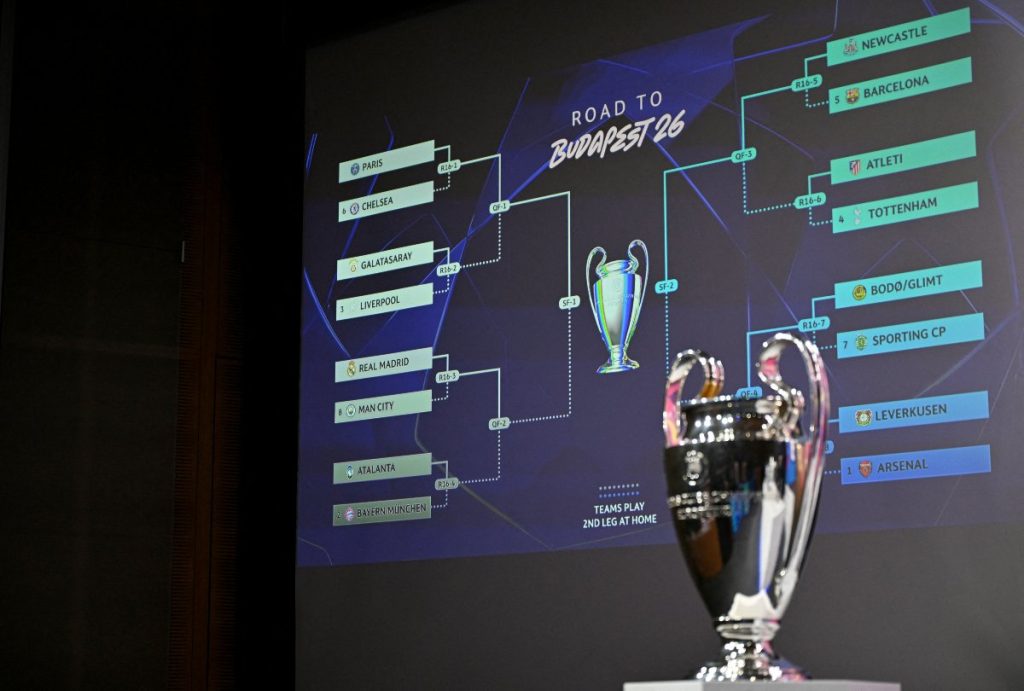  Esta fotografía muestra la Copa de la Liga de Campeones de la UEFA junto a una pantalla con los resultados del sorteo de octavos de final, cuartos de final y semifinales de la Liga de Campeones de la UEFA 2025-2026 en la Casa del Fútbol Europeo en Nyon, Suiza occidental, el 27 de febrero de 2026. (Foto de Harold CUNNINGHAM / AFP)