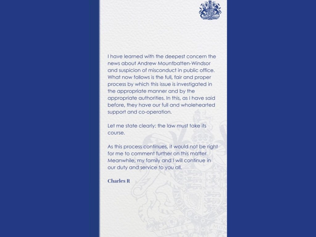 El rey Carlos III afirmó que “la ley debe seguir su curso” tras la detención de su hermano Andrés Mountbatten-Windsor. Imagen/ The Royal Family