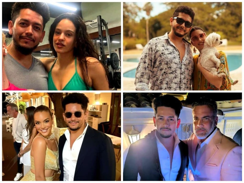 Miguel Rodríguez junto a figuras del espectáculo internacional: arriba, con Rosalía y Paz Vega; abajo, con Zuleyka Rivera y Carlos Ponce, en distintos encuentros profesionales en Europa.