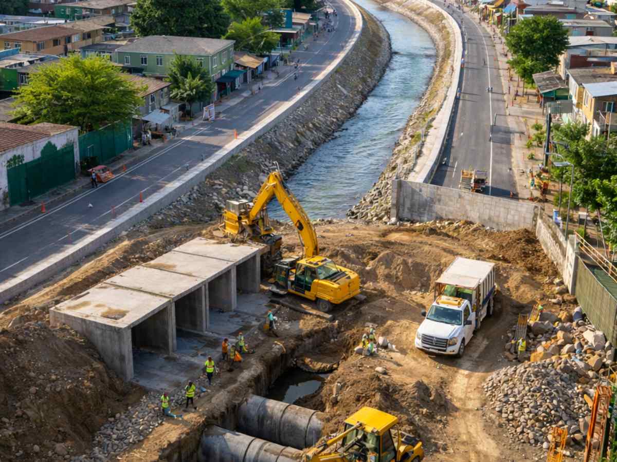 Obras de drenaje y canalización en zona urbana del Área Metropolitana de San Salvador como parte de proyectos de control de inundaciones.