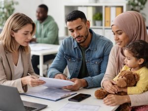 Una familia migrante recibe orientación administrativa en una oficina comunitaria en Estados Unidos.