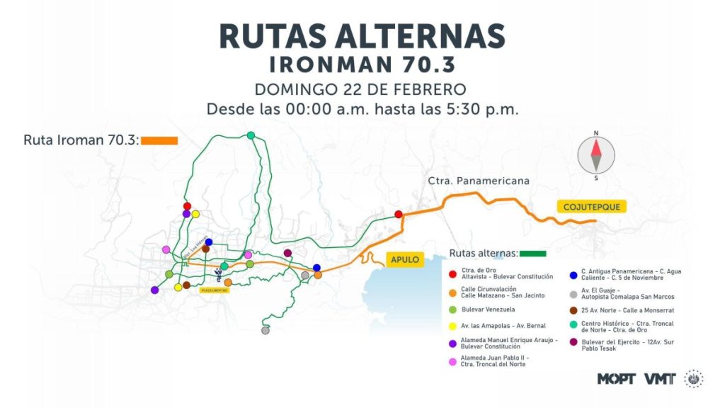 Rutas alternas recomendadas por las autoridades para reducir el impacto vial durante el Ironman 70.3 en San Salvador, Ilopango y Cojutepeque.