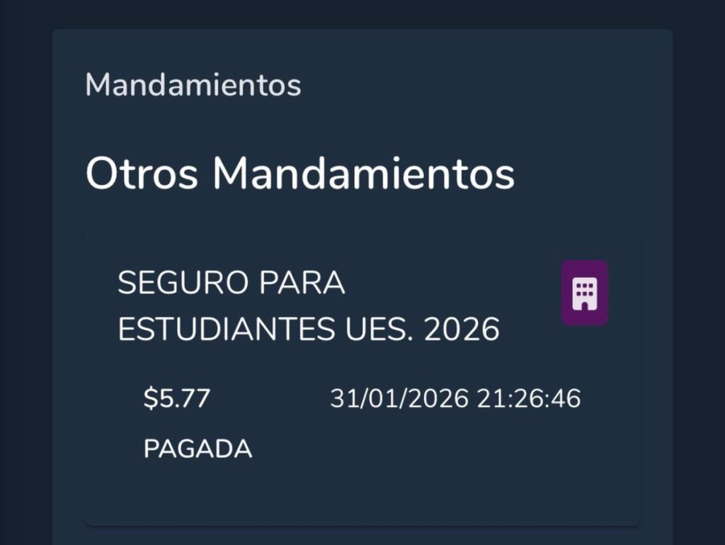 Imagen del expediente académico donde se refleja el pago ya realizado del seguro estudiantil.