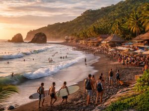 1. Turistas y surfistas disfrutan el atardecer en una playa del litoral salvadoreño, reflejo del crecimiento que posiciona al país en el tercer lugar mundial en turismo.