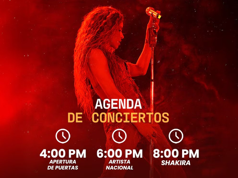 Agenda oficial del concierto de Shakira hoy en San Salvador: apertura de puertas a las 4:00 p. m., artista nacional a las 6:00 p. m. y show principal a las 8:00 p. m.