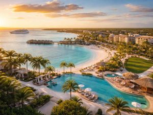 1. Vista aérea de un complejo turístico de lujo en el Caribe, donde la sostenibilidad y la innovación marcan la nueva etapa de expansión hotelera en la región.