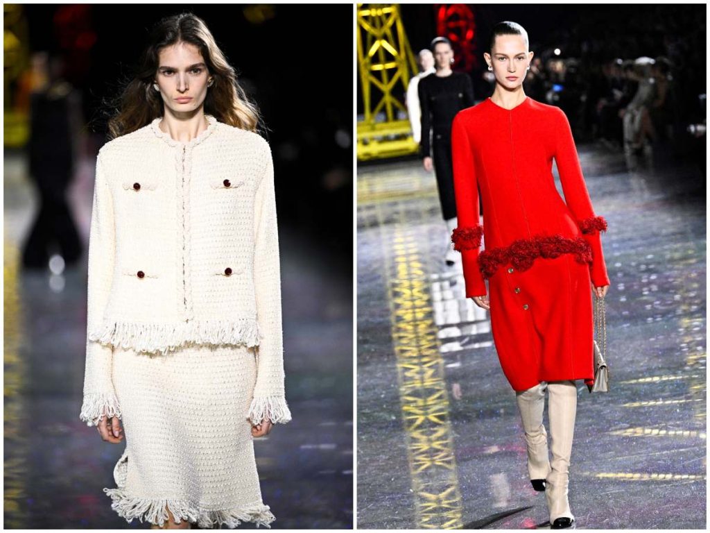 Modelos presentan un traje de tweed blanco y un vestido rojo estructurado con detalles florales, parte de la colección Chanel otoño-invierno 2026-2027.